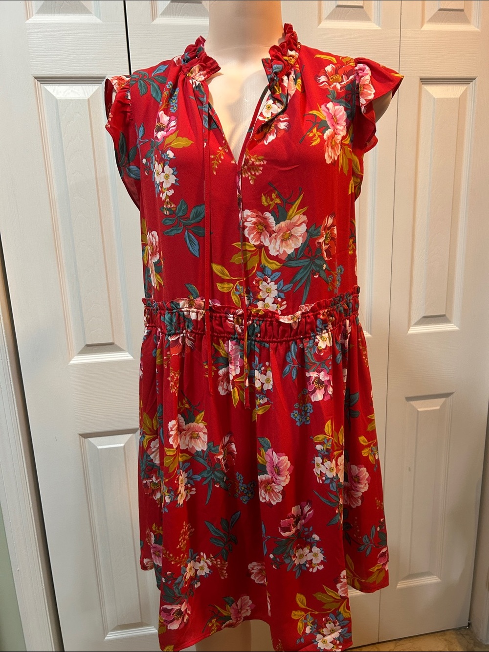 LOFT Red Floral Ruffle Neck Mini Dress